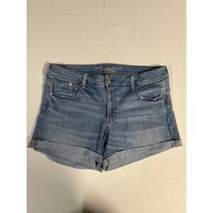 American Eagle Midi Super Stretch Blue Denim Jean Shorts Size 18 Cuffed Hem 4”